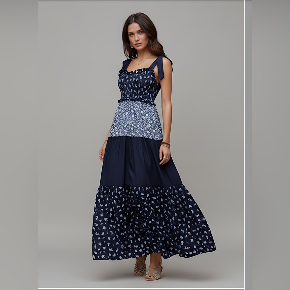 Boho Ditsy Floral Long Dress With Tie Waist, Ruffled Hem Blue - Picture 4 of 8